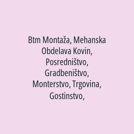 Btm Montaža, Mehanska Obdelava Kovin, Posredništvo, Gradbeništvo, Monterstvo, Trgovina, Gostinstvo, Kmetijstvo, Proizvodnja, Logistika, Izobraževanje, Zdravstvene, Filmske, Telekomunikacijske In Druge Dejavnosti, d.o.o. - Logotip