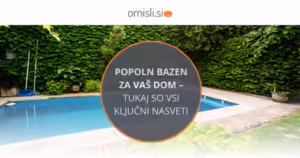 Sproščujoč bazen obdan z leseno teraso in zelenjem.