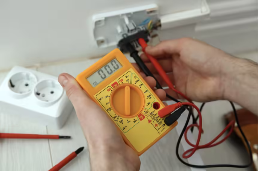 Merjenje elektrike z multimetrom pri preverjanju napeljave.