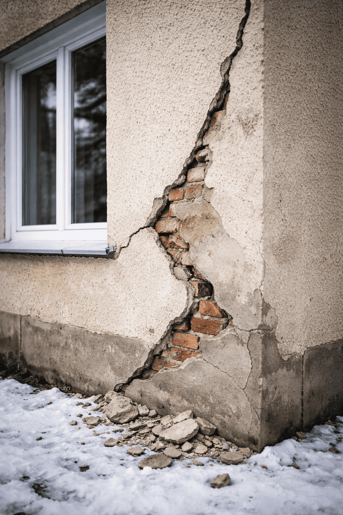 Zima je povzročila razpoko na zunanji fasadi hiše z vidno opeko in poškodbami zaradi vlage in zmrzali.