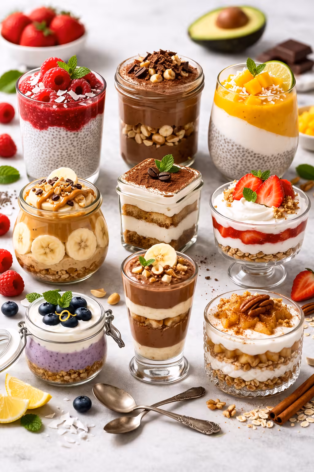 Veganske in fit sladice v kozarcu z malinami, čokolado, mangom in jagodami, servirane v steklenih kozarcih